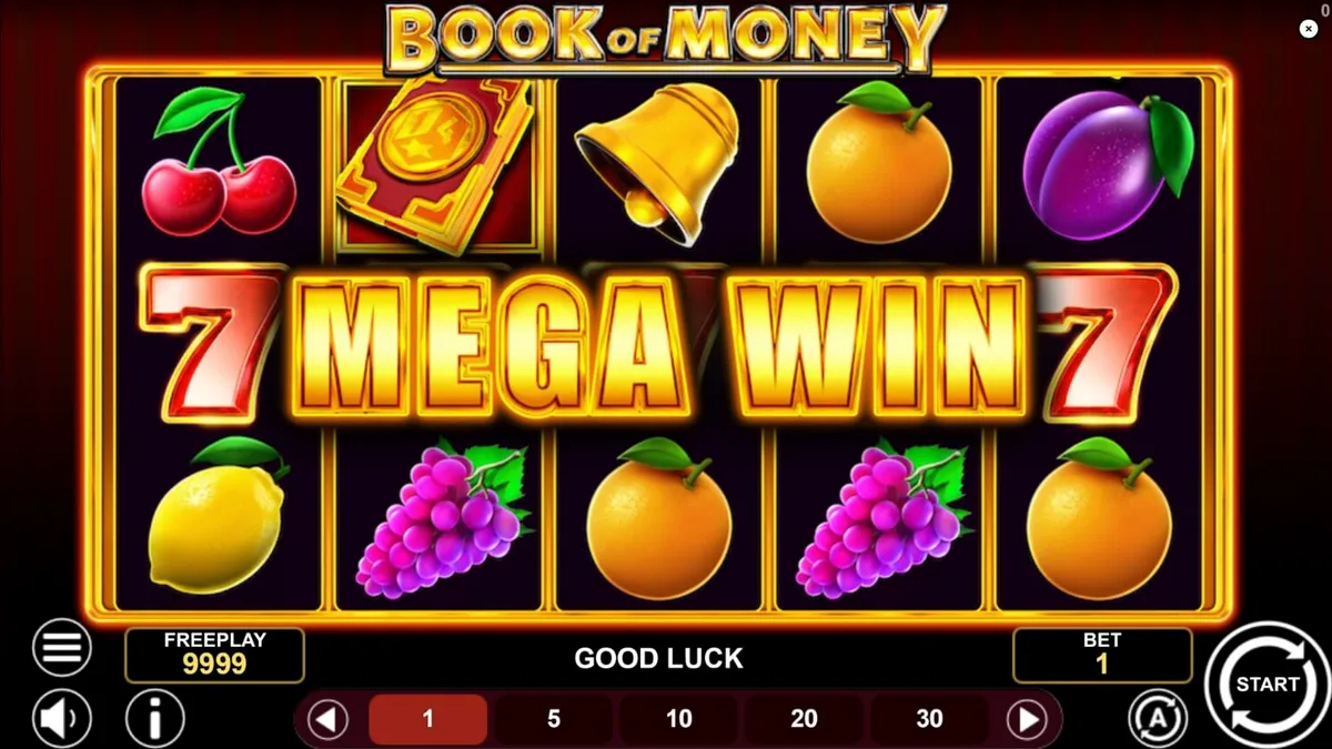 Interface do jogo Book of Money com símbolos de frutas e o livro sagrado