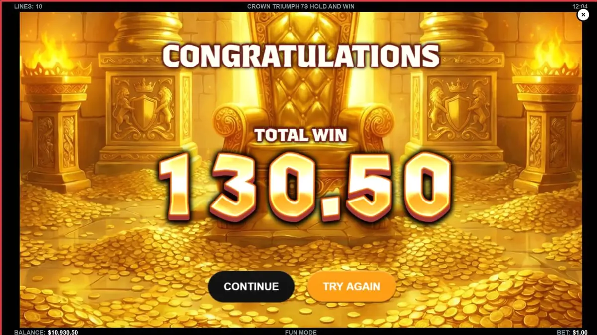 Interface do jogo Crown Triumph 7s Hold and Win com símbolos clássicos e elementos reais
