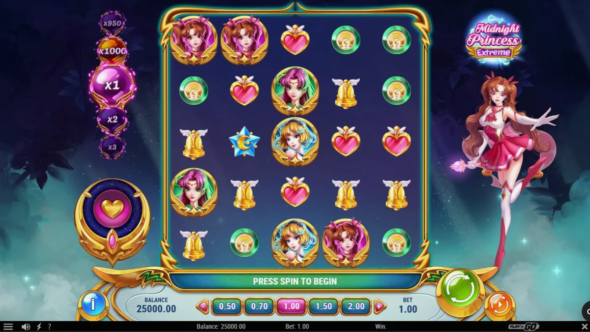 Interface do slot Midnight Princess Extreme com as três princesas em destaque