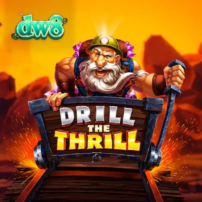 Cena de jogo do slot Drill the Thrill com o mineiro e símbolos de mineração